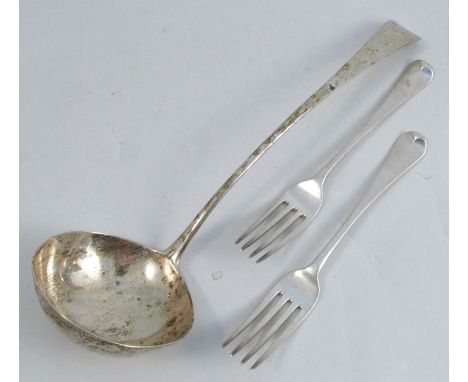 A Georgian silver ladle, engraved with initials, London 1809, weight 5oz, together with two Georgian silver dinner forks, eng