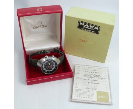 A 1970's Omega Flightmaster chronograph wrist watch, with stainless steel case,&nbsp;manual movement, with grey face, crown r