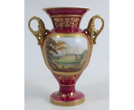 A 19th century Spode vase, of baluster form with a pair of rings handles, raised on a pedestal foot, having a red ground deco