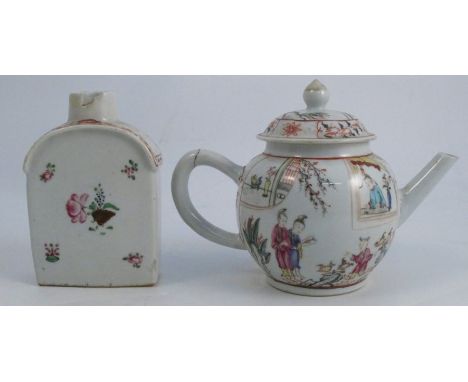 A 19th century Oriental tea pot, decorated in polychrome colours with figures, flowers and vases, height 5.5ins, together wit