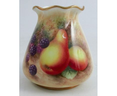 A Royal Worcester vase, decorated to the front with fruit to a mossy background by H Ayrton, dated 1949, shape number G957, h