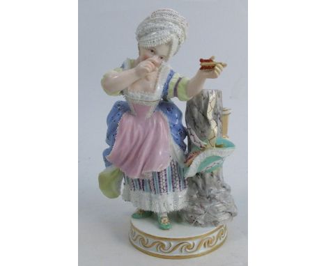 A 19th century Meissen porcelain figure, of a girl firing arrows, numbered F32, af, height 6.25insCondition Report:  Ribbon t