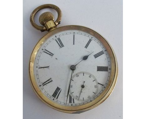 An open faced pocket watch, stamped '18k', the white enamel dial with black Roman numerals, subsidiary seconds dial and blued