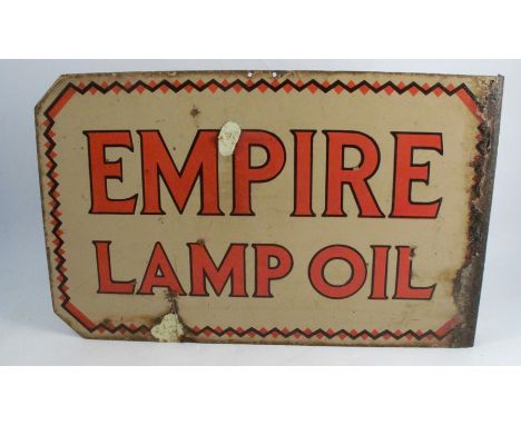 A doubled sided enamel sign, Empire Lamp Oil, 15ins x 24ins