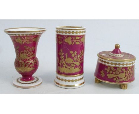 Three pieces of 19th century Spode porcelain, to include a cylindrical vase, a flared vase and a covered inkwell, all decorat