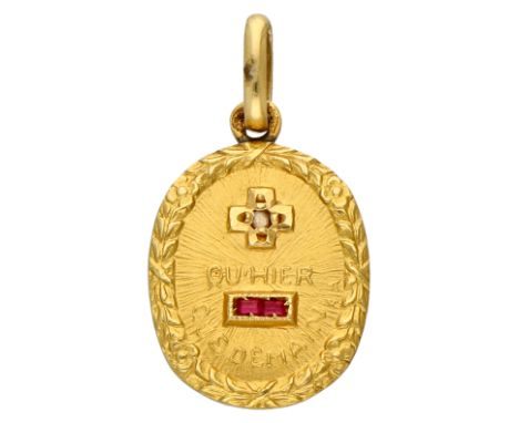 No reserve - French 18K yellow gold Alphonse Augis 'plus qu'hier, moins que demain' pendant. Set with diamond and synthetic r