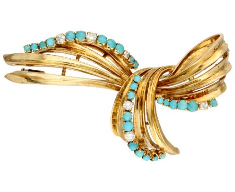No reserve - NO RSERVE - Retro 18K yellow gold brooch set with approx. 1.35 turquoise and approx. 0.28 ct. diamond. Set with 