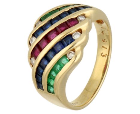 No reserve - 18K Yellow gold ring set with approx. 0.06 ct. diamond, emerald, sapphire and ruby. Set with calibrated syntheti