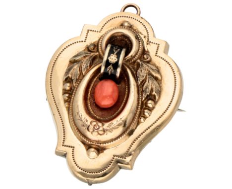 No reserve - Antique 14K yellow gold souvenir brooch / pendant with portrait photo behind glass. With floral decor and one ov