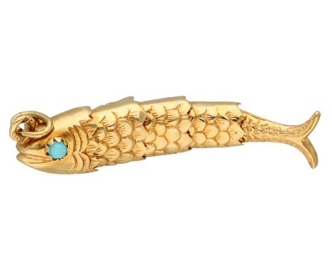 No reserve - 18K Yellow gold vintage flexible fish pendant with blue stone. Set with two cabochon cut blue stones (2x approx.