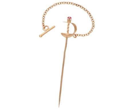 No reserve - 14K Yellow gold vintage brooch set with synthetic ruby. Set with one round faceted synthetic ruby ​​(Ø 2.3 mm). 