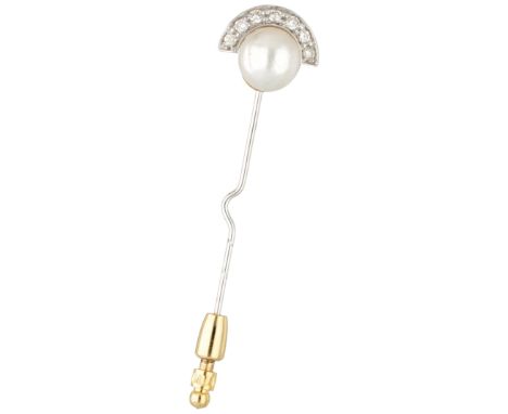 No reserve - Vintage 14K bicolour gold lapel pin set with a freshwater pearl and diamonds. Set with a round cultivated freshw