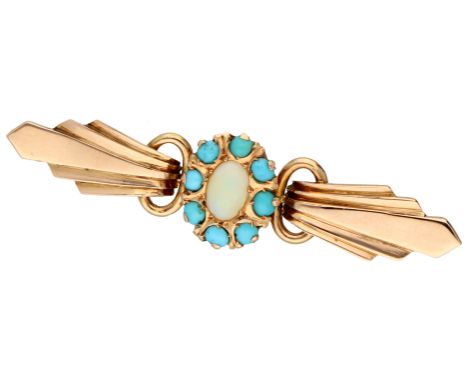 No reserve - Russian 14K rose gold Art Deco brooch set with opal and turquoise. Set with one cabochon cut opal of approx. 0.2