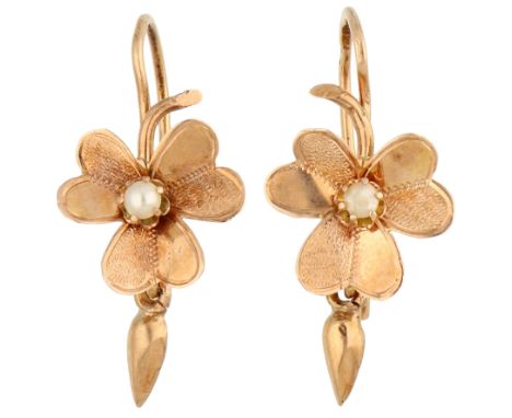 No reserve - 14K Yellow gold vintage dormeuse earrings set with faux pearl. Hallmarks: 585 Dutch assay mark (oak leaf 1906-19