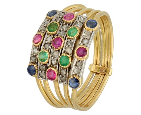 No reserve - 18K Yellow gold vintage harem ring set with diamond, ruby, sapphire and emerald. Set with faceted rubies, sapphi