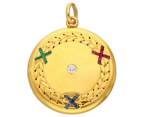 No reserve - 18K Yellow gold locket set with diamond, natural ruby, sapphire and emerald. Set with an old European cut diamon