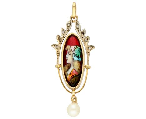 No reserve - 14K Yellow gold enameled L. Clément Limoges pendant. Enamel portrait of a lady, set with rose cut diamonds and a