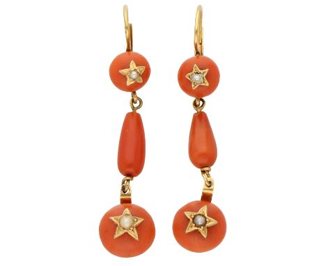 No reserve - 18K Yellow gold earrings set with red coral and seed pearls. Set with red coral (2x approx. 7 x 4.5 mm / 2x appr
