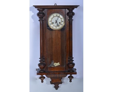 Stained wood Vienna wall clock, ivorine chapter ring, spring-driven movement, pendant base, 76cms.