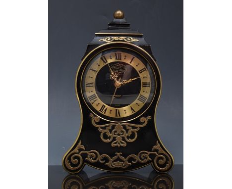 Jaeger Petite Newchateloise mantel clock, black metal case with gilt metal appliques, 17cm.