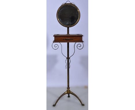 Brass and oak shaving stand, circular mirror, rectangular box section, tripod base, height 127cm.