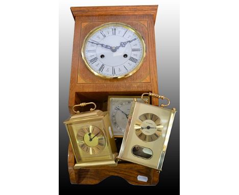 Oak cased wall clock, white enamel dial, 46cm, a walnut cased Elliott mantel clock, silvered dial signed Tarratt and two othe