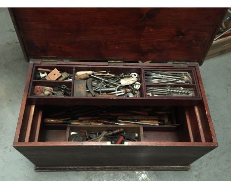 This Lot is at Gildings Market Harborough Sale Room.

Victorian painted pine carpenters tool box and contents of carpentry an