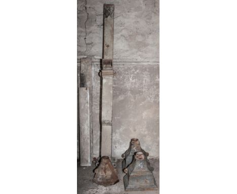 Pair of cast iron drain pipe hoppers, 33cm, a similar corner hopper and two metal down pipes, (5).