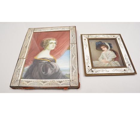 Portrait miniature, probably 19th Century, lady half length in semi profile, engraved bone frame, 17cm x 13cm and another por