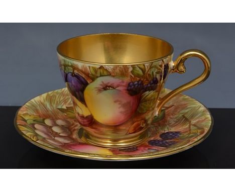 Four Aynsley bone china tea cups and saucers, gilt ground with decoration of fruit, and three similar cups and saucers (14).