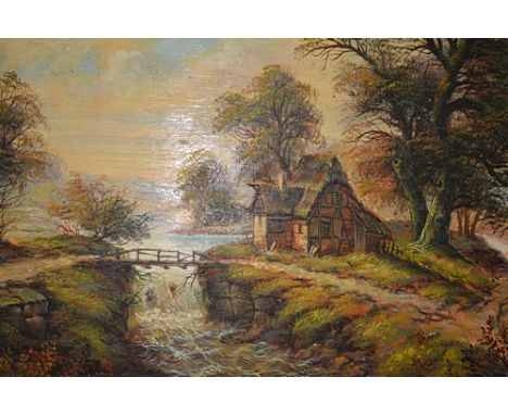 R Van Burgh, Winter landscape with a timber framed cottage, oil on panel, signed, 28cm x 38cm and a similar painting of a cot