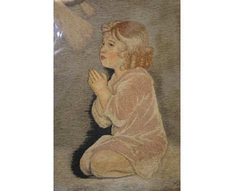 M Marrlees, Victorian long stitch panel of a child at prayer, 42cm x 33cm, gilt frame, and a long stitch panel of a harbour s