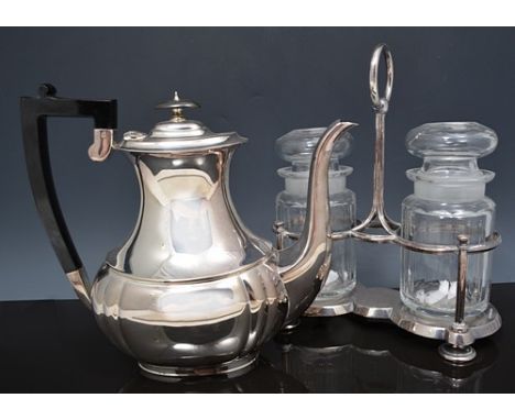 Electroplated four piece tea and coffee set, a two glass pickle cruet and a plated oval gallery tray, width 46cm (6).