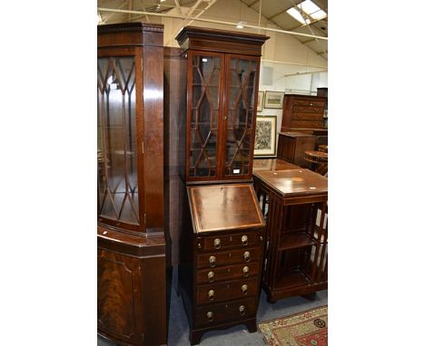 Edwardian mahogany narrow bureau bookcase, moulded cornice, plain frieze, astragal glazed door enclosing adjustable shelves, 
