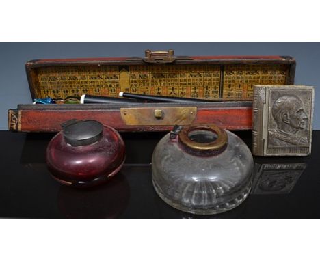 Plated ink well, square shape with canted corners, with a ruby glass well, width 18cm, other plated wares, vintage pens, ink 