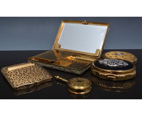 Simulated shagreen compact, 13cm, a musical compact with marcasite decoration, two other compacts and a novelty powder bowl (
