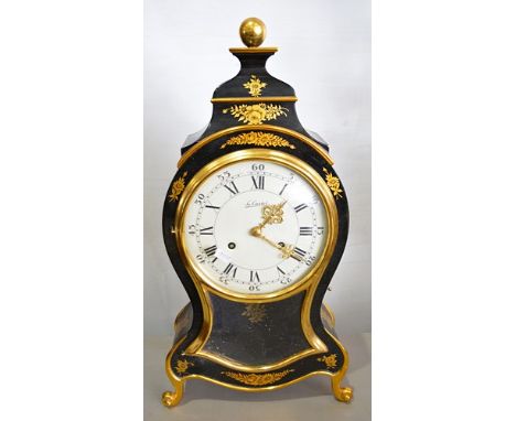 Reproduction Louis IV style ebonised moon shape bracket clock, white enamel dial signed Le Cestel, Swiss movement, overall he