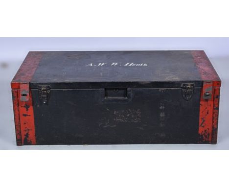 Rectangular tin trunk, named AWW Heath, width 19cm.