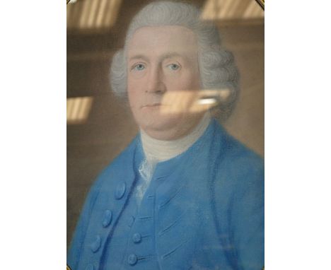 English School, head and shoulders portrait, man wearing wig and blue jacket, pastel oval, 54cm x 44cm, labelled verso, Great