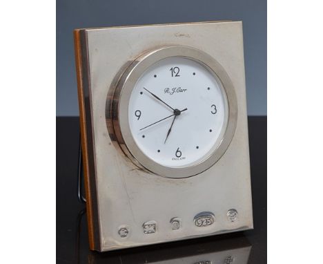 Modern silver faced easel clock, by R J Carr, white dial, 8cm.