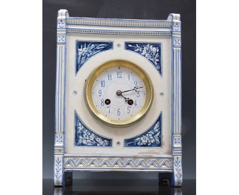 Aesthetic movement blue and white pottery cased mantel clock, dial signed J W Benson, 25 Old Bond Street, London, case with f