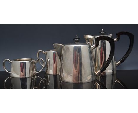 Sterling silver Hotel ware four piece tea set, tea pot and hot water jug with composition handles and finials, 45oz gross.