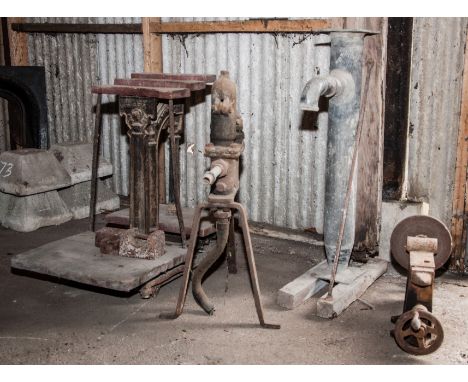 Set of four vintage platform scales, by Rogers & Loach, Birmingham, a cast iron pump, a lead water pump and a combination ben