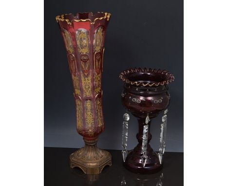 Pair of ruby glass vases, with some prismatic lustre drops, enamelled and gilt decoration, 28cm and a tall ruby overlaid glas