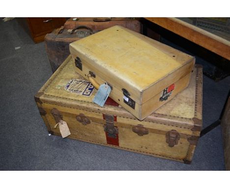 Rectangular pig skin suitcase, width 61cm and a large rectangular shipping trunk partial labels (2).