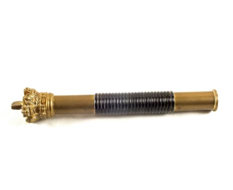 A Victorian brass tipstaff with turned hardwood centre grip, approx. 7 1/4" long with crown top, removable to access inside c