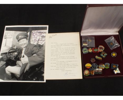 Various Butlins enamel badges, Reg Varney signed photo and letter