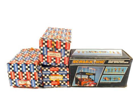 Boxed Scalextric Grandstand and spectators, TV camera and crew set, event board and hut plus entrance building