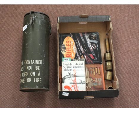 A mixed lot including large military Thermos flask, books and brassware