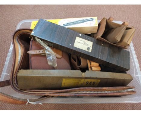 A mixed lot including cartridge bags (one by Brady) cartridge belts, gun slip, cleaning kits and a Scotch duck call etc
